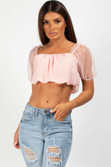 pink mesh puff sleeve going out crop top 
