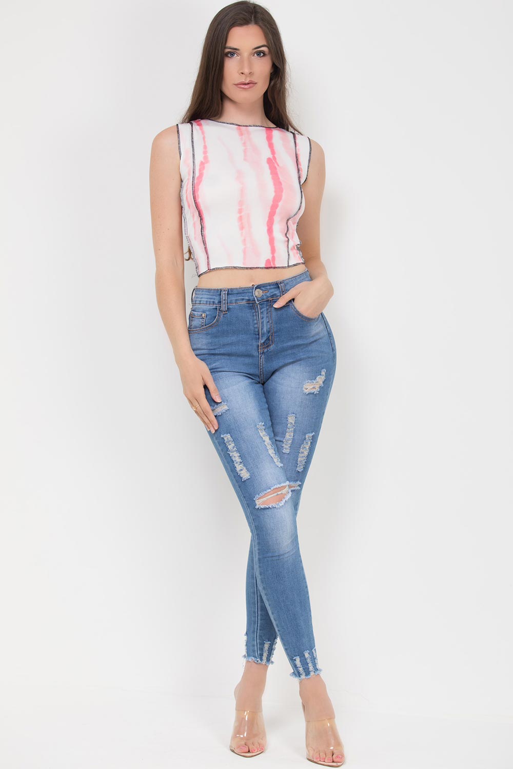 contrast stitch ribbed crop top pink