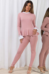 frill peplum long sleeve ribbed top and leggings co ord set