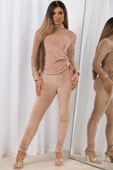 pink velour co ord set with ruched sleeves