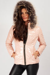 chunky faux fur hood coat pink 