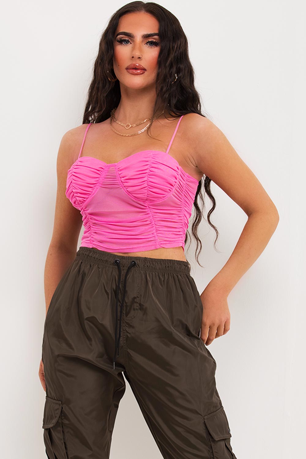 bright pink ruched mesh bustier crop top