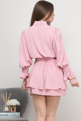 pink pleated skirt and shirt co ord set 