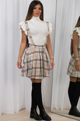 pleated pinafore skirt beige check