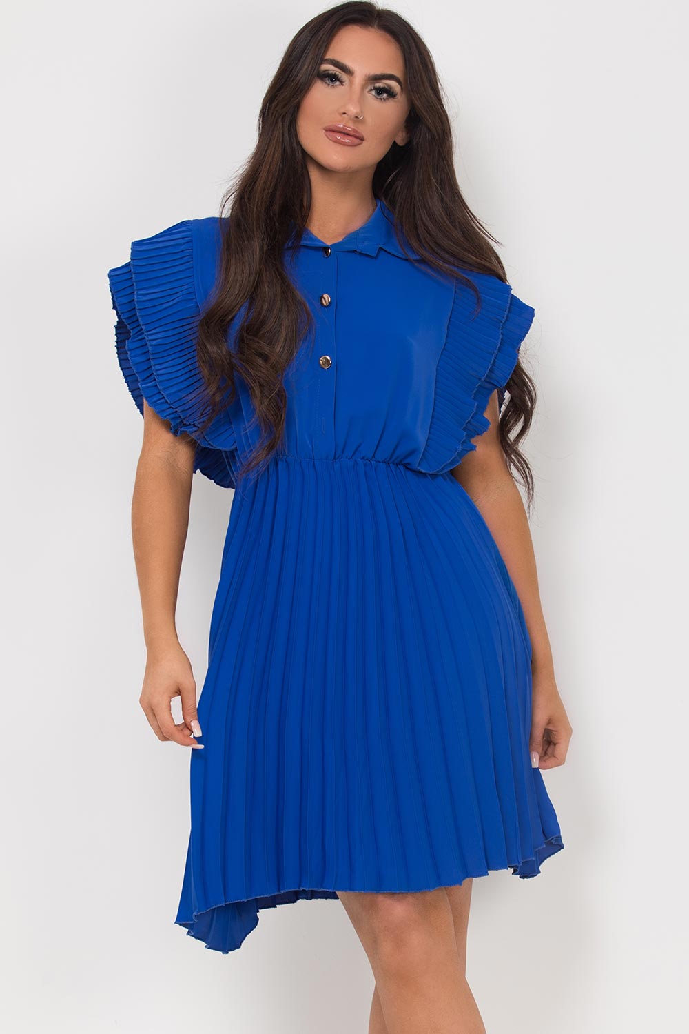 pleated frill detail occasion dress royal blue