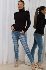 long puff sleeve roll neck knitted jumper black