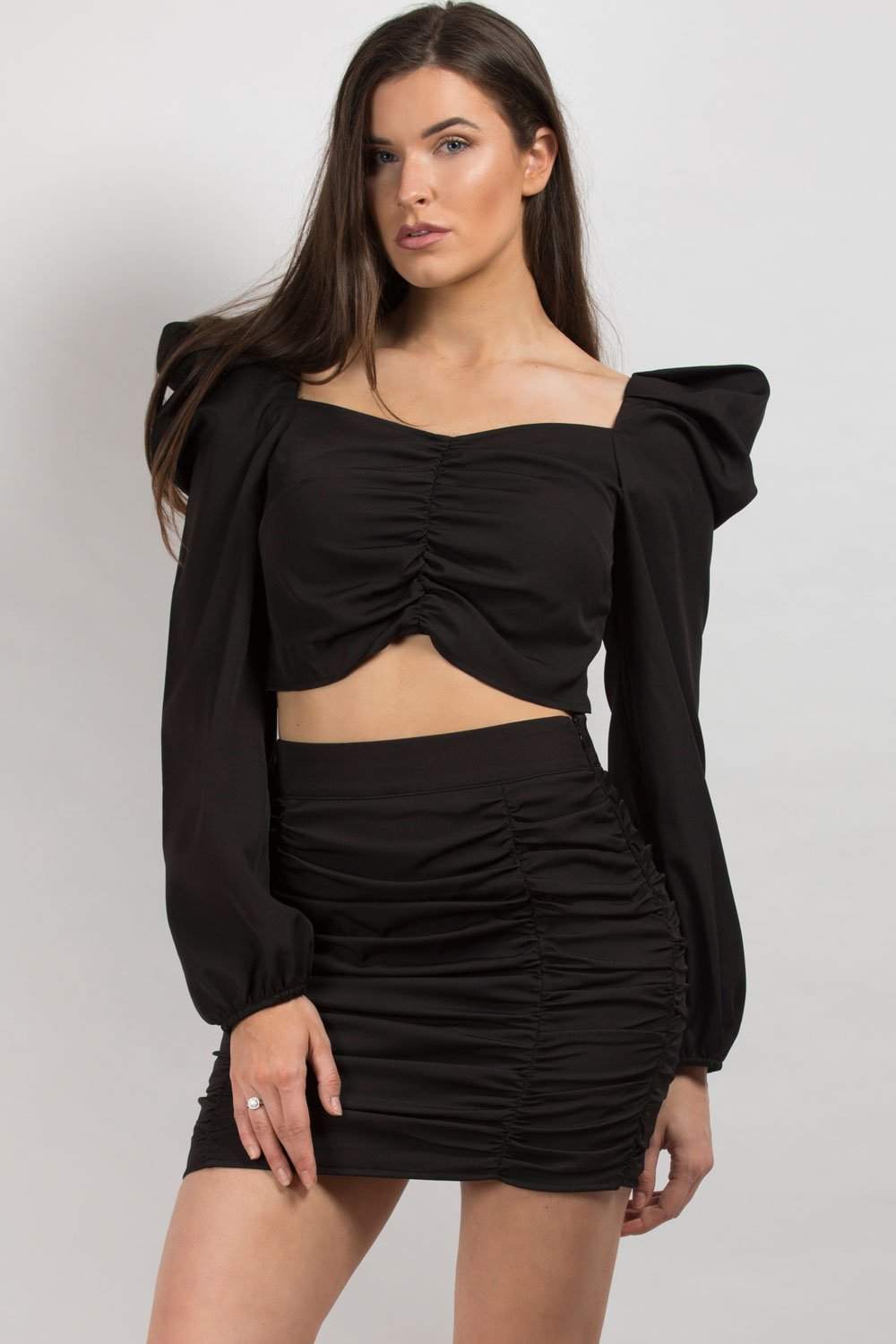 black ruched mini skirt and crop top set 