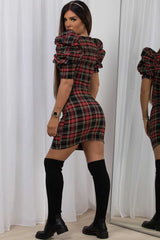 short puff sleeve bodycon dress red check