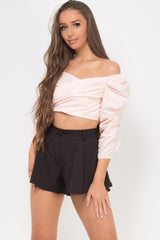 pink long puff sleeve wrap over crop top