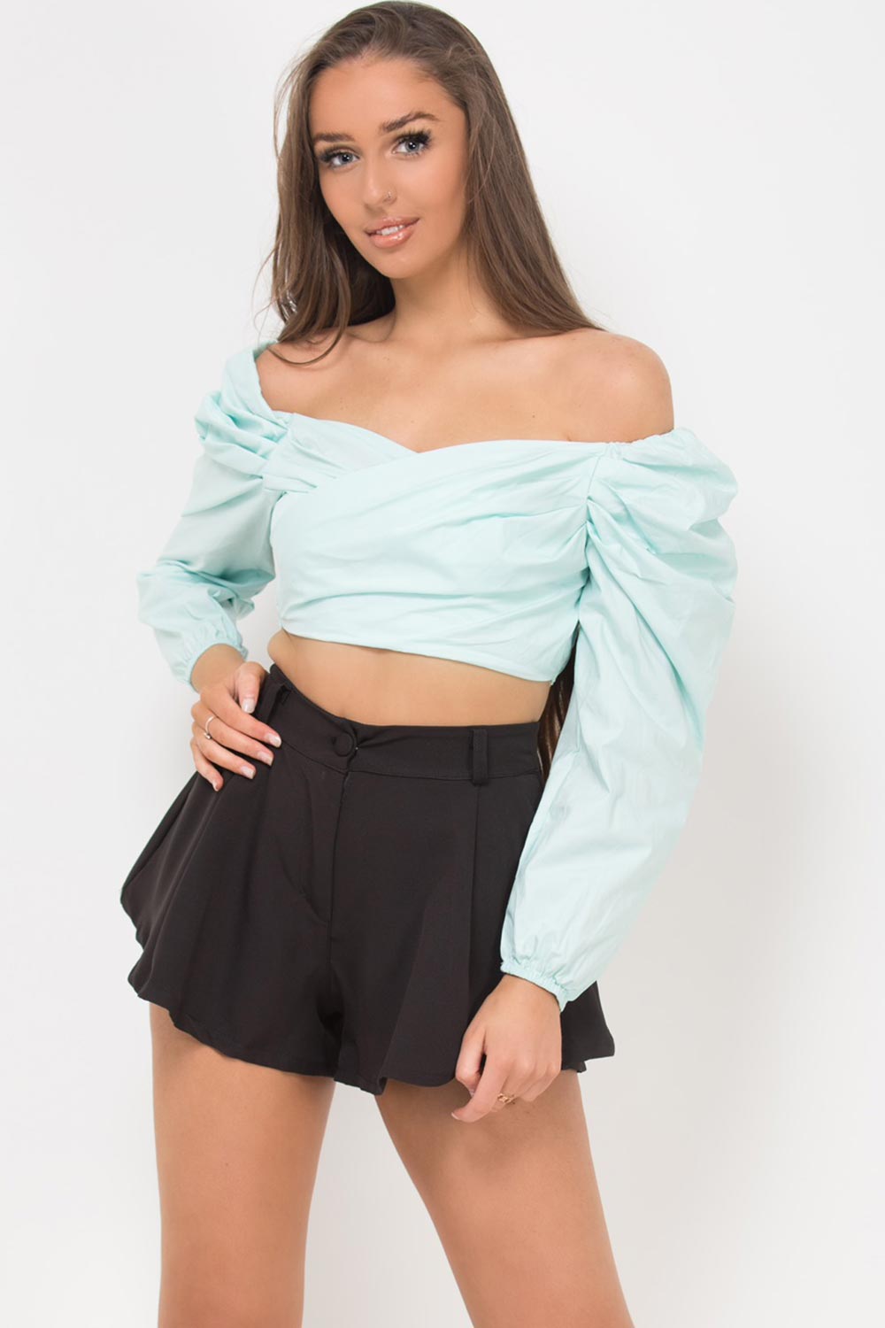 off shoulder puff sleeve wrap over top mint