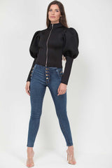 black puff sleeve jacket with zip fastening uk