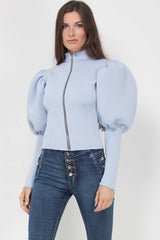 sky blue puff sleeve zip up jacket