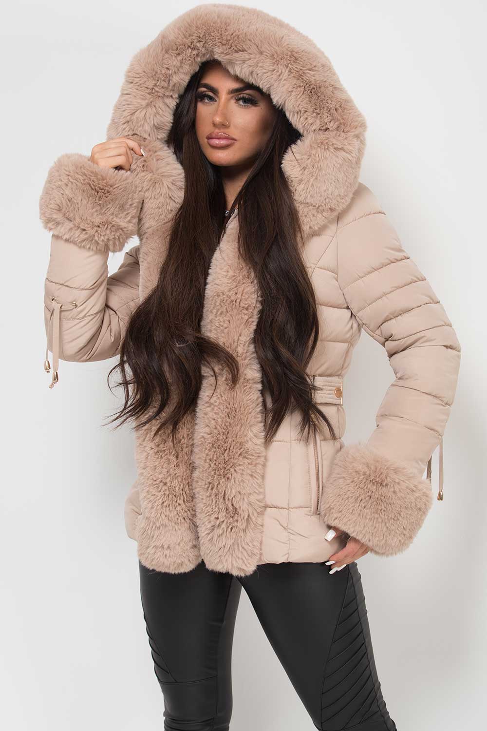 puffer jacket with faux fur trim hood and cuffs