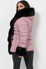 puffer coat with fur hood pink