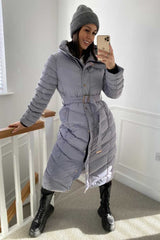 grey puffer down coat with belt womens