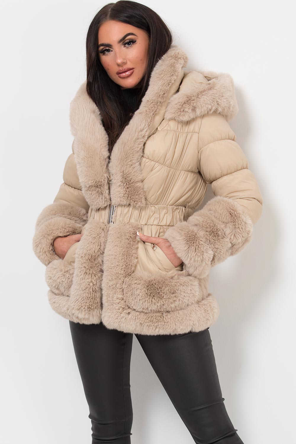 puffer down coat with fur hood cuff and trim