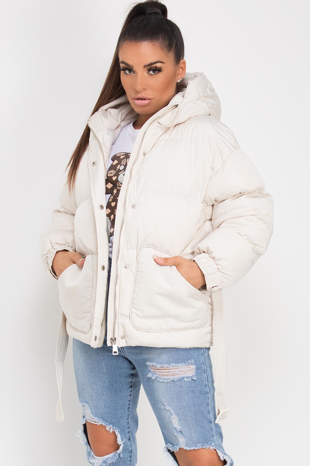 padded puffer hooded jacket with belt beige