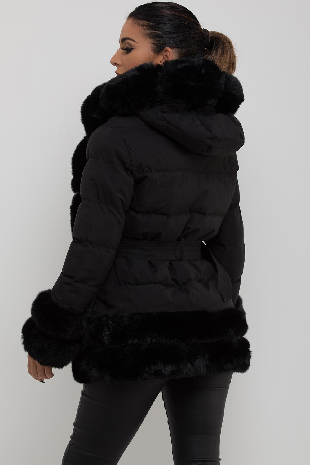 puffer jacket with fur trim cuff and hood womens