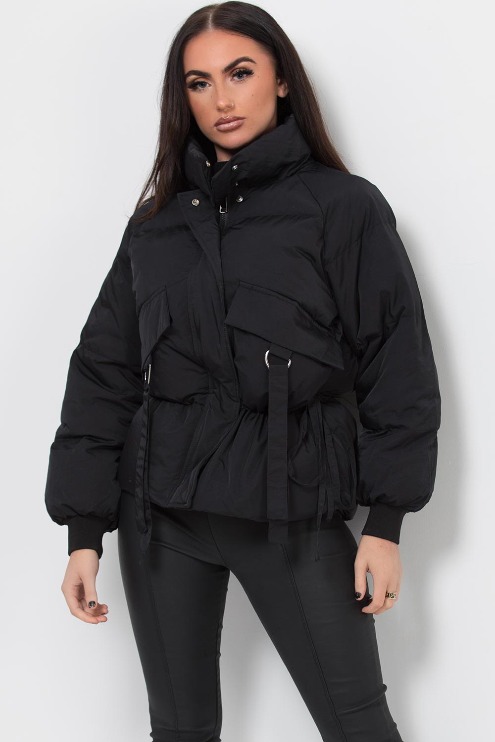 womens black puffer jacket with drawstring waist