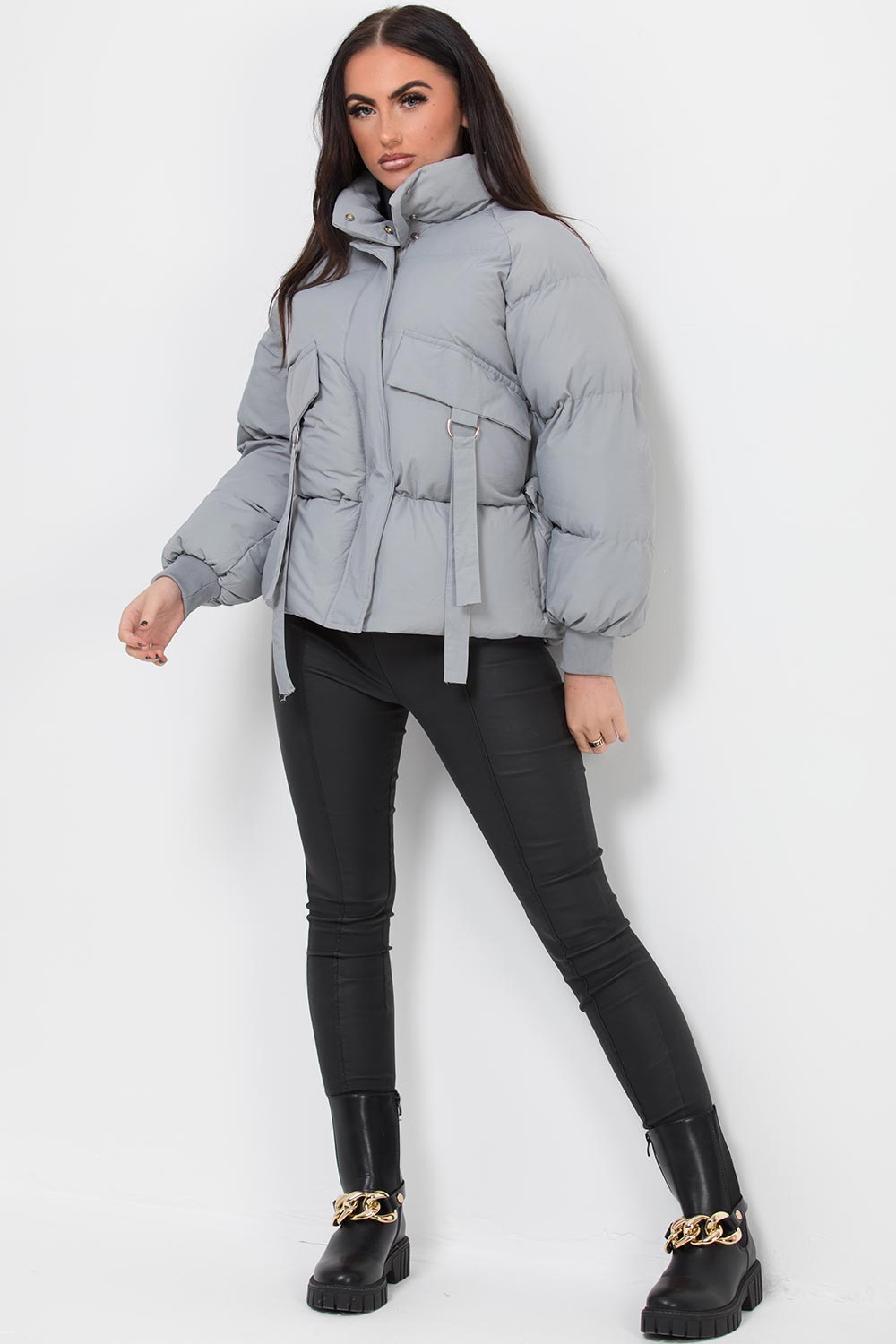 puffer padded jacket with utility pockets and drawstring waist
