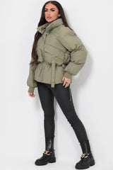 cinched waist puffer padded jacket khaki