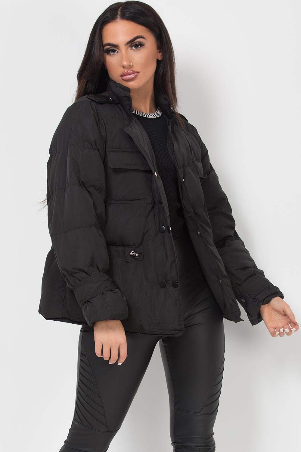 drawstring waist puffer padded jacket black