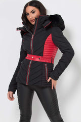 womens puffer quilted coat with faux fur hood