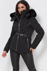 padded puffer jacket with faux fur hood black