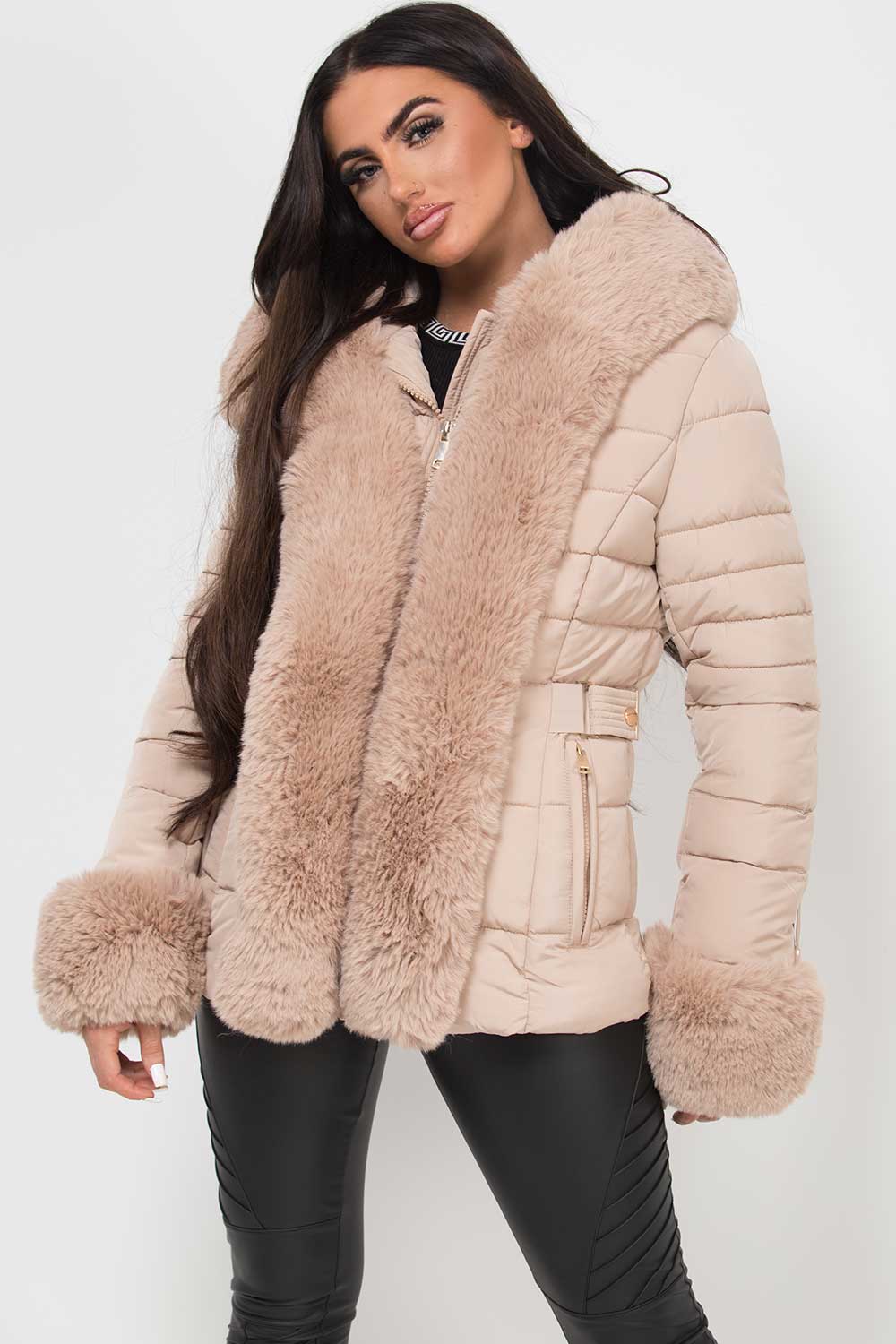 puffer jacket with faux fur hood cuffs and trim beige