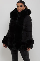 puffer jacket with fur hood cuff and trim