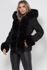 black puffer down jacket with luxury fur trim