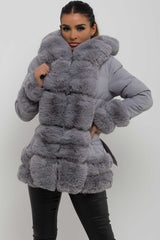 womens puffer jacket with fur hood cuff and trim