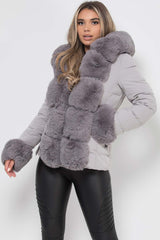grey fur hood puffer down jacket womens