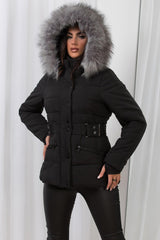 big faux fur hooded padded puffer jacket with belt womens uk