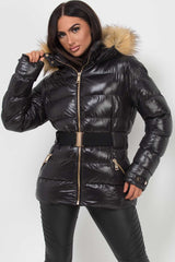 black shiny puffer padded quilted jacket