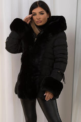 black padded puffer jacket with faux fur hood