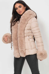 padded puffer hooded jacket with luxury faux fur trim and cuffs