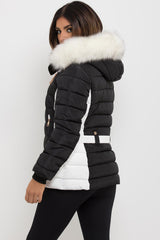 padded puffer jacket with fur hood black white