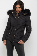 womens black puffer jacket with faux fur hood