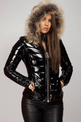 black faux fur hooded puffer coat 