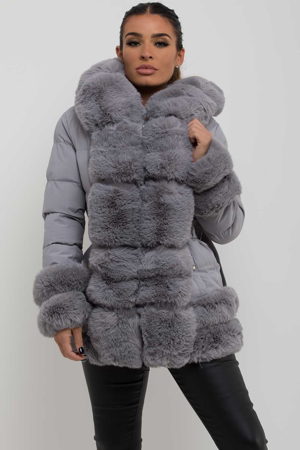 faux fur hood cuff and trim puffer jacket with belt