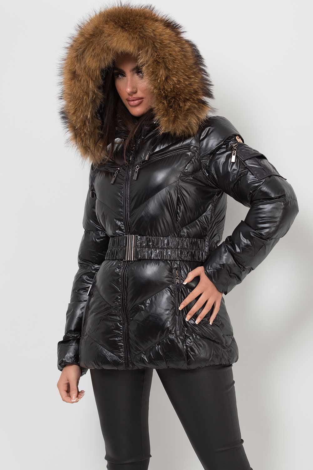 Women's Real Fur Hood Puffer Jacket With Belt Black – Styledup.co.uk