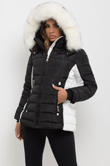 faux fur hood puffer padded jacket womens