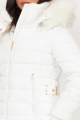 white faux fur hood puffer jacket with belt
