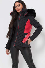 puffer jacket with belt and fur hood