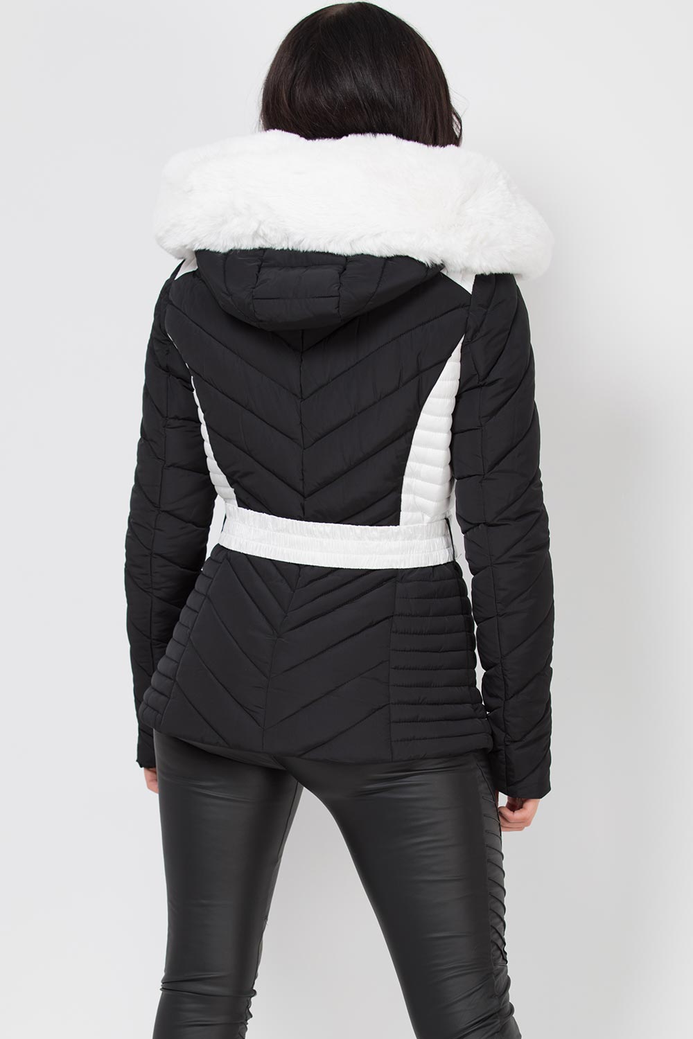black puffer jacket with fur hood