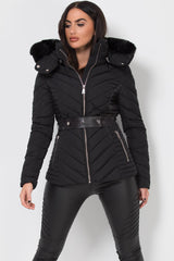 puffer jacket with fur hood black