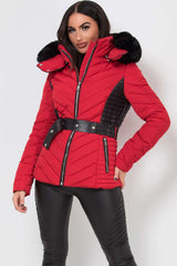 womens puffer padded faux fur hood coat with belt