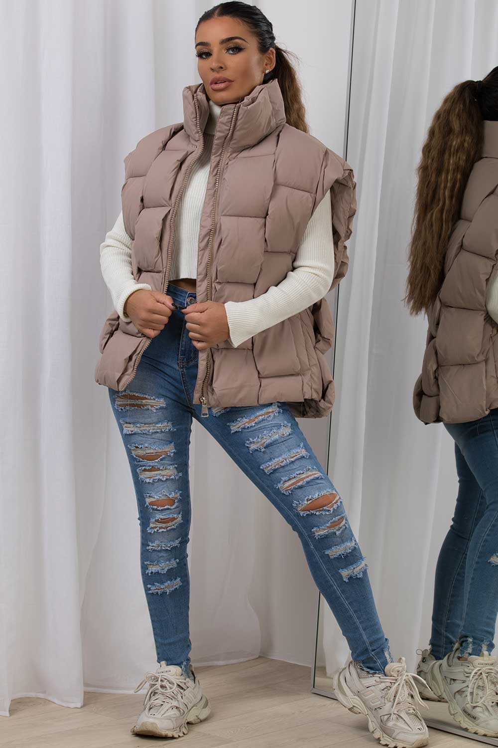 womens quilted padded gilet woven detail