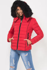 quilted padded puffer jacket with big fur hood red